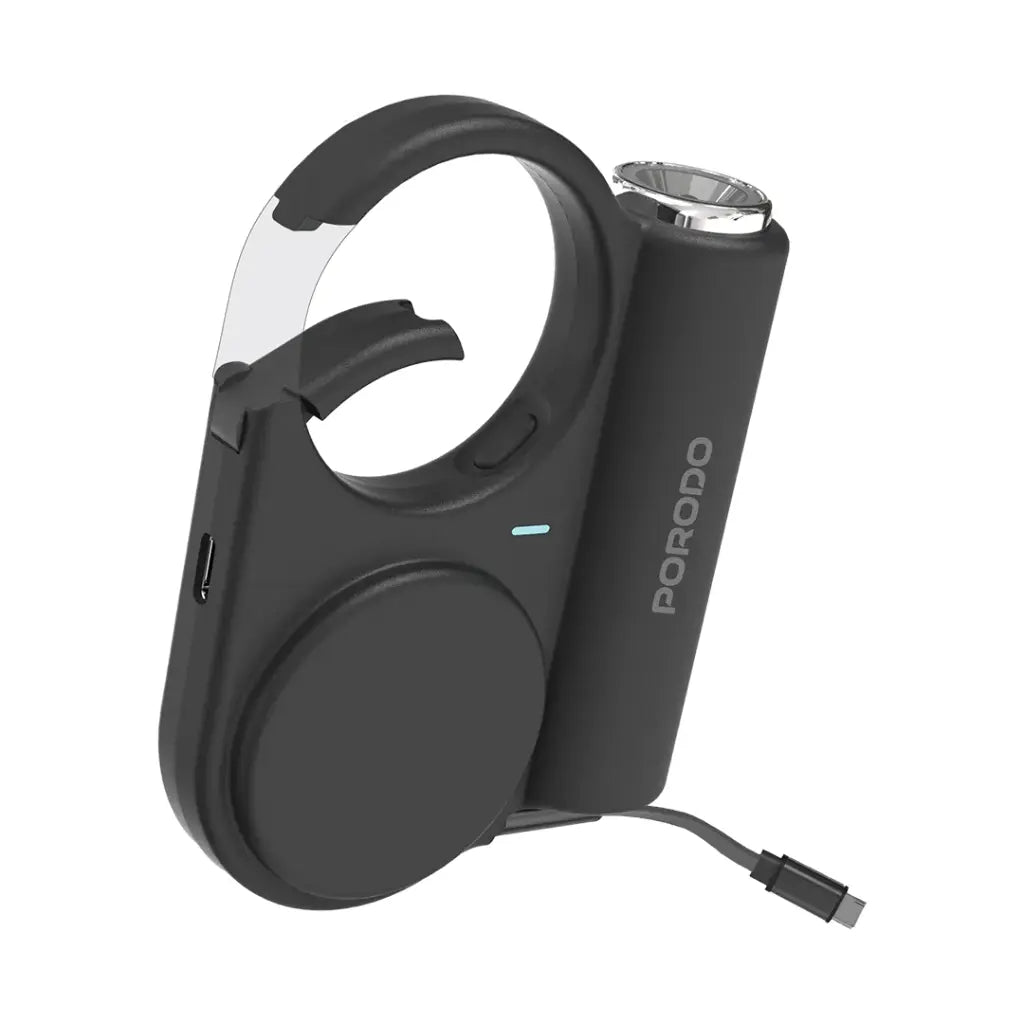 باور بانك بورودو بسعة 5000 مللي امبير مع كيبل تايب سي مدمج قابل للسحب بطول 70 سم - اسود | Porodo 5000mAh Outdoor Power Bank 70cm Retractable Type-C - Black.