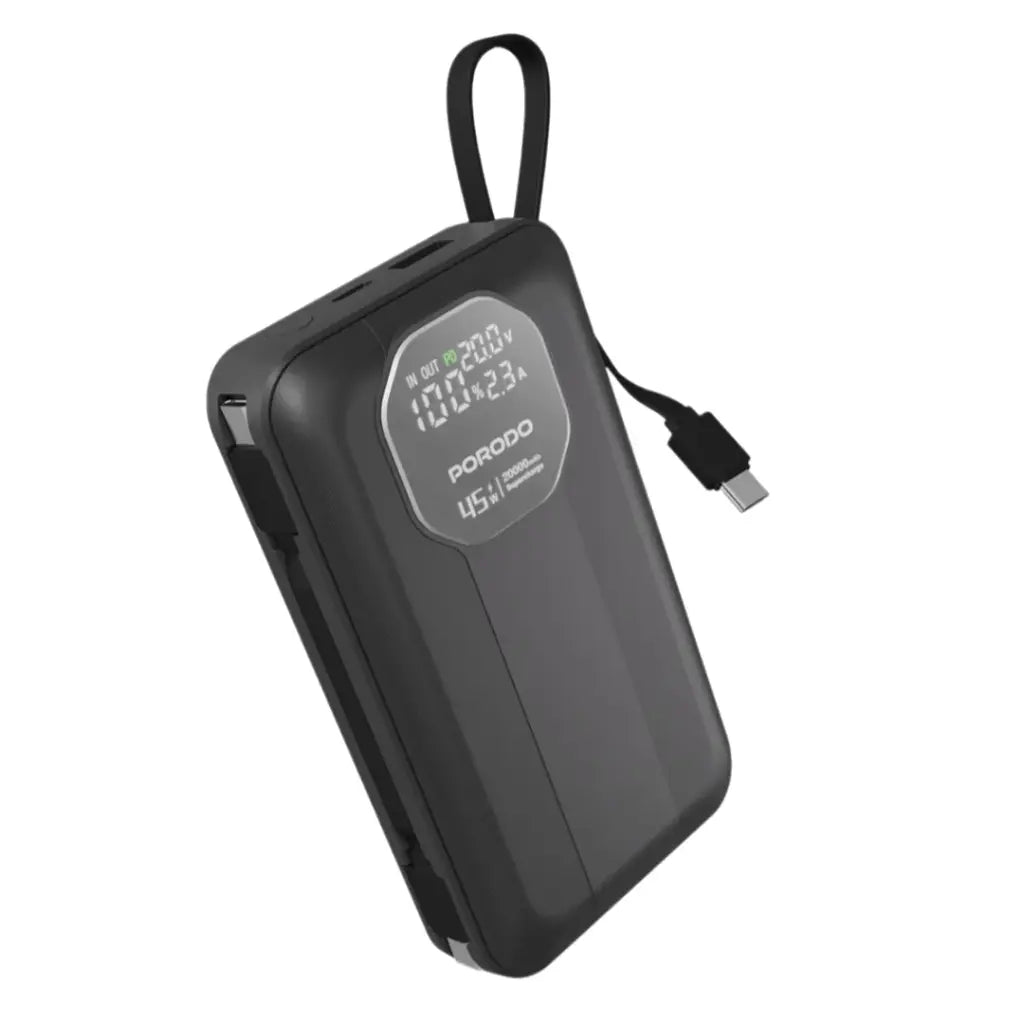 باور بانك بورودو بسعة 20000 مللي امبير, شحن سريع بقدرة 45 واط - اسود | Porodo 45W Power Bank 20000mAh – Black.