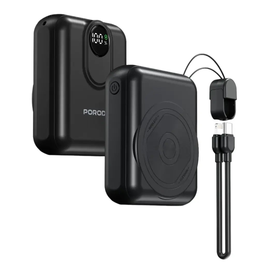 باور بانك بورودو بسعة 10000 مللي امبير مع شحن لاسلكي ماج سيف بقدرة 15 واط - اسود | Porodo 15W MagSafe Power Bank 10000mAh – Black.