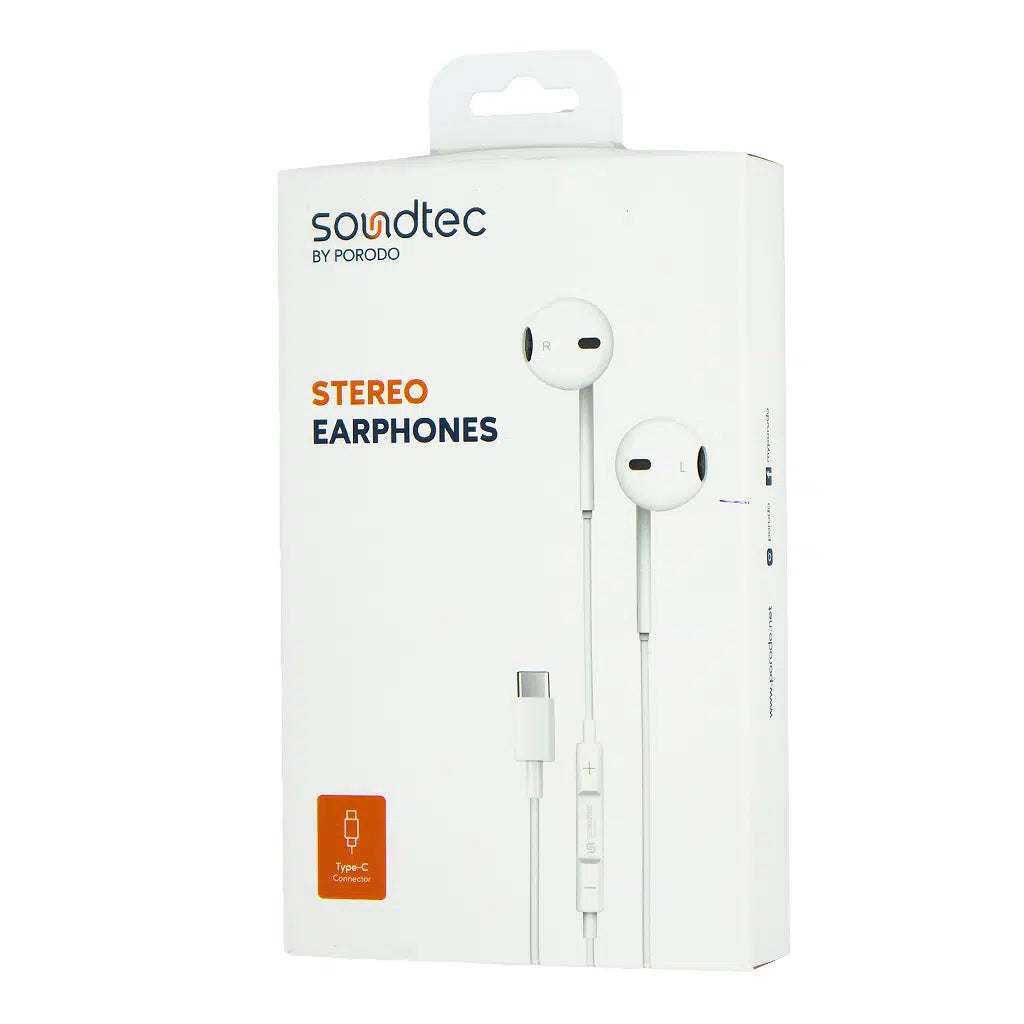 سماعات بورودو ساوندتيك ستيريو تايب سي مع مايكروفون عالي الوضوح - ابيض | Porodo Soundtec Stereo Earphones Type-C with High-Clarity Mic – White