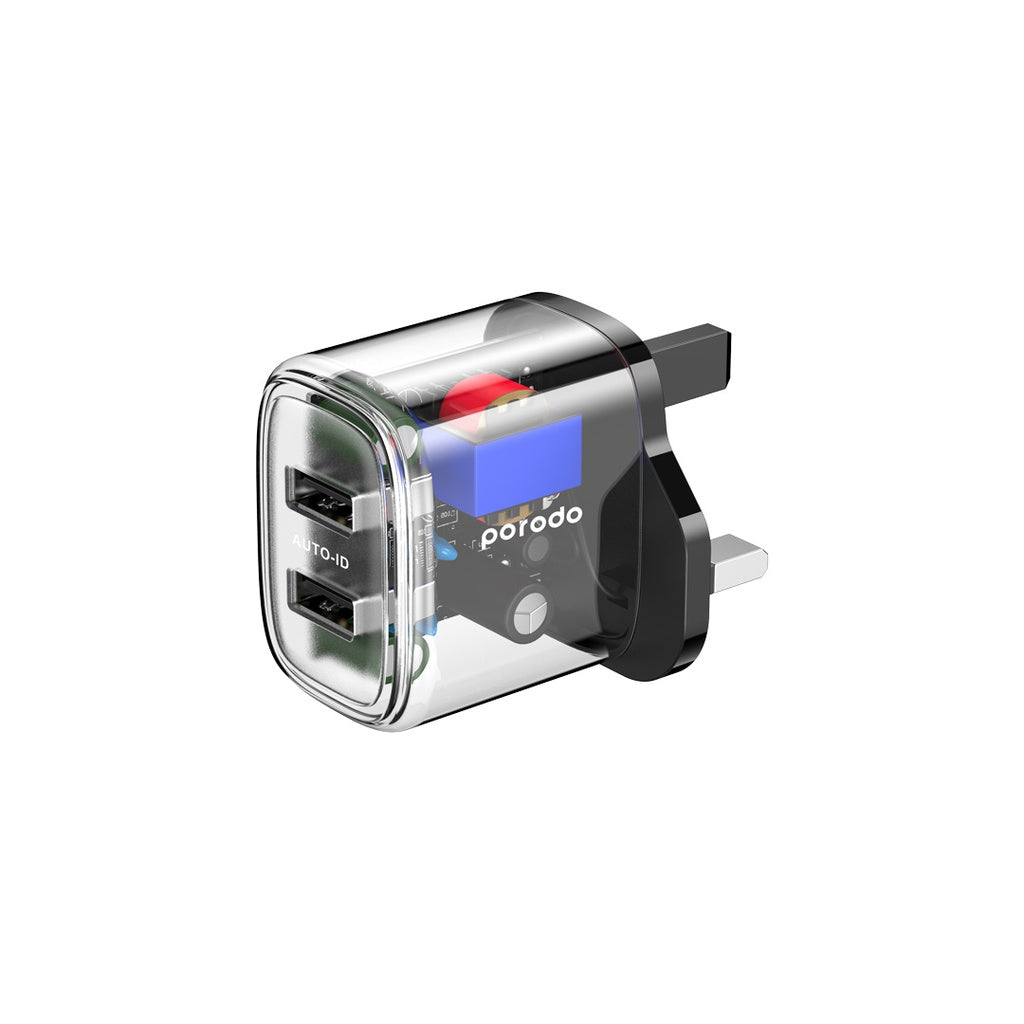 شاحن بورودو شفاف ثنائي المنفذ بقدرة 12 واط مع كيبل يو اس بي اي الى تايب سي بطول 1.2 متر | Porodo Dual Output Transparent Charger 2.4A 12W with 1.2M USB-A to Type-C Cable