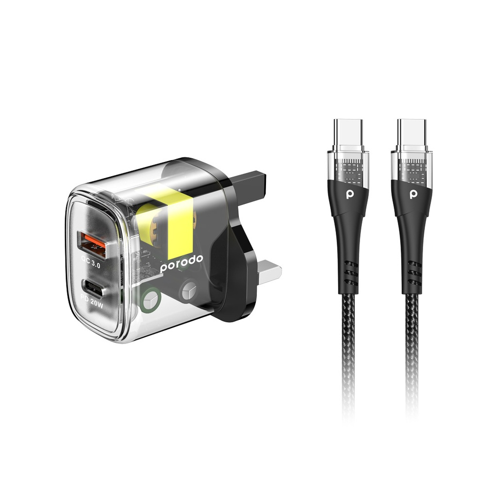شاحن بورودو ثنائي المنفذ شفاف بقدرة شحن سريع 20 واط مع كيبل يو اس بي سي الى يو اس بي سي - اسود | Porodo Dual Output Transparent Quick Charger PD 20W + QC 18W UK with USB-C to USB-C – Black