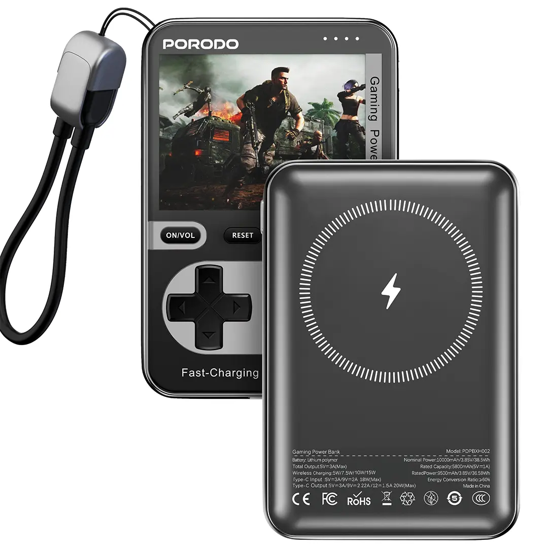 باور بانك بورودو اركيد فولت المغناطيسي اللاسلكي بسعة 10,000 مللي امبير - اسود | Porodo Arcadevolt 10000mAh MagSafe Power Bank - Black