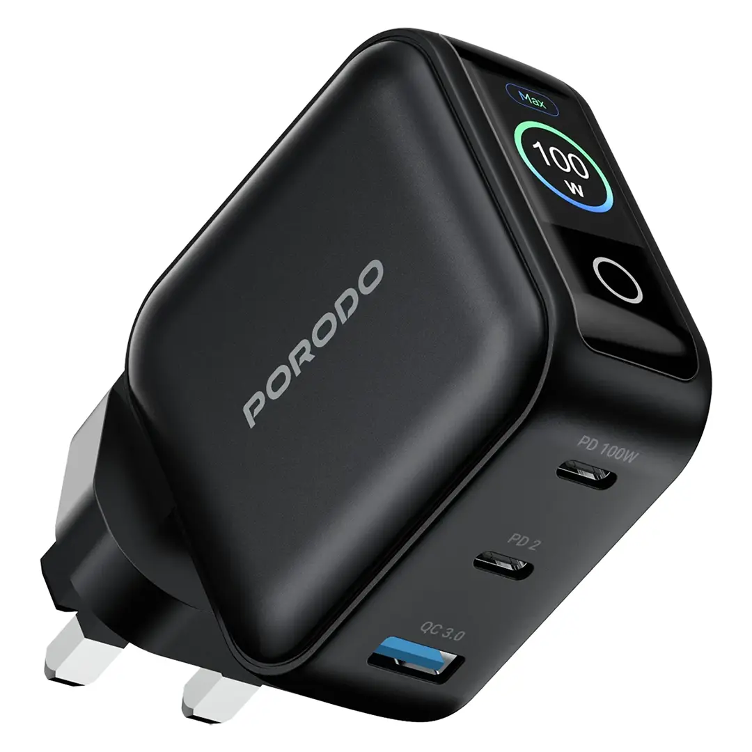 شاحن جداري بورودو نيكسورا ثلاثي المنافذ بقدرة شحن 100 واط مع شاشة LCD - اسود | Porodo Nexora 100W 3-Port Wall Charger with LCD Display - Black