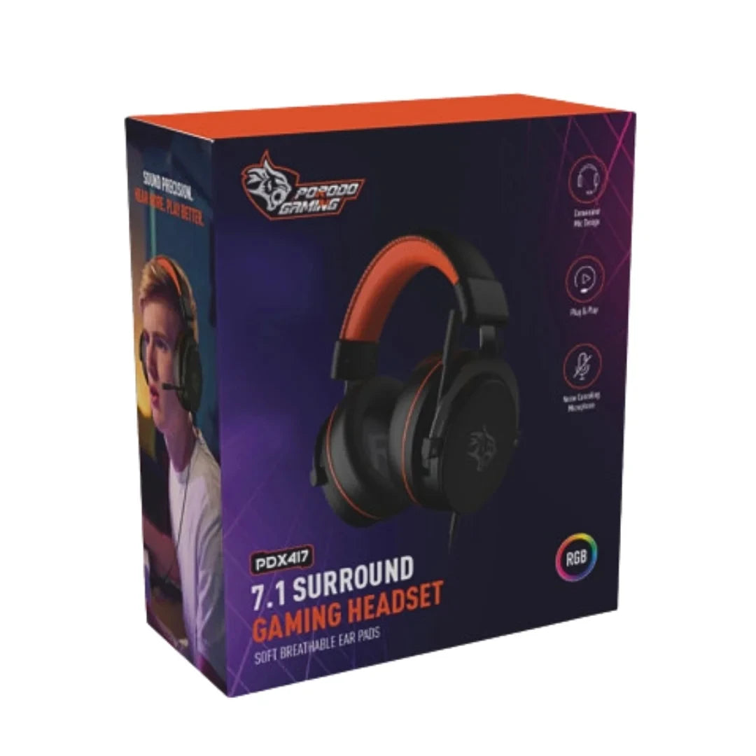 سماعة رأس للالعاب باضائة RGB من بورودو جيمنج, مع خاصية الغاء الضوضاء - اسود | Porodo Gaming PC RGB ENC Gaming Headphones - Black