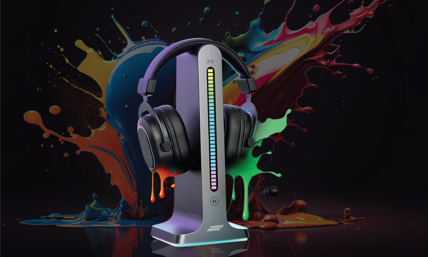 حامل سماعة باضائة RGB ديناميكية مع تخزين للكيبل من بورودو جيمنج, بطارية بسعة 300 مللي امبير - اسود | Porodo Gaming RGB Dynamic Sound Lighting Headphone Stand with Cable Storage 300mAh - Black