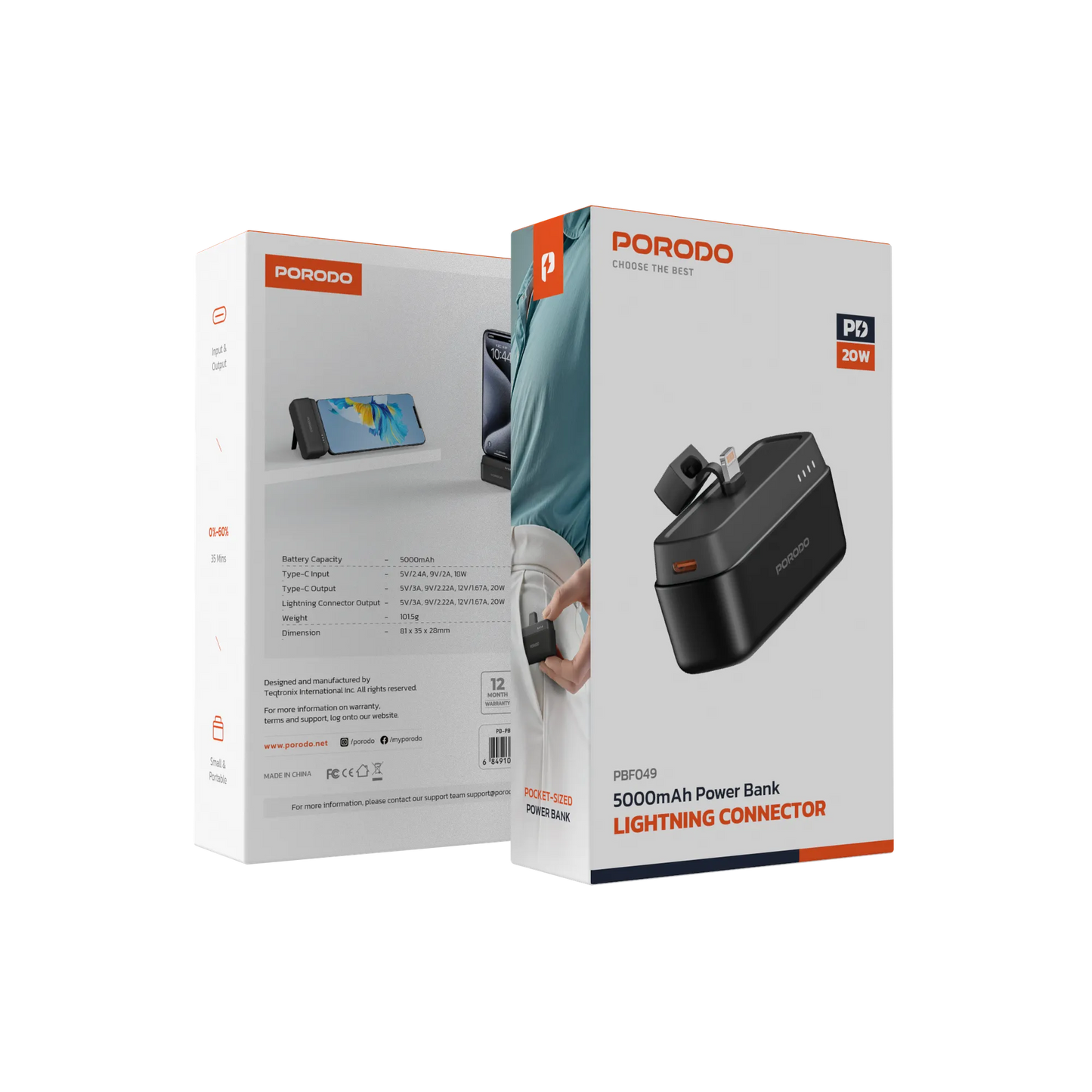 باور بانك بورودو بسعة 5000 مللي امبير مع موصل لايتننغ, شحن سريع 20 واط | Porodo 5000mAh Power Bank with Lightning Connector – PD 20W Fast Charging.