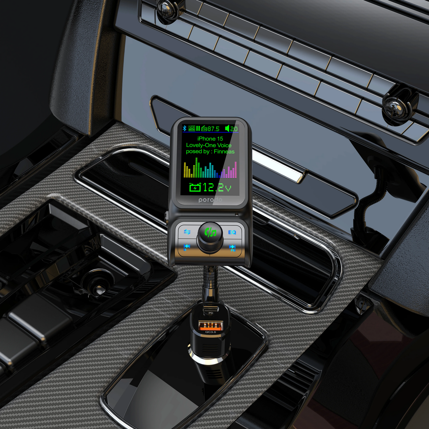 شاحن سيارة ثنائي المنافذ مع مرسل FM وشحن سريع بقدرة 36 واط - اسود | Porodo Dual Port Car Charger FM Transmitter PD 36W QC 18W - Black