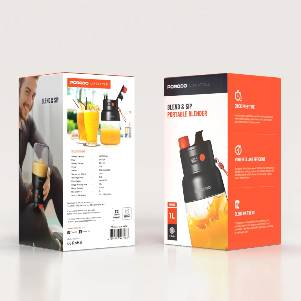 عصارة بورودو لايف ستايل بسعة 1000 مل وقدرة 70 واط وشاشة LED, بطارية بسعة 3000 مللي امبير - اسود / برتقالي | Porodo Lifestyle 70W Juicer, LED Display, 3000mAh, 1000mL, Type-C - Black/Orange