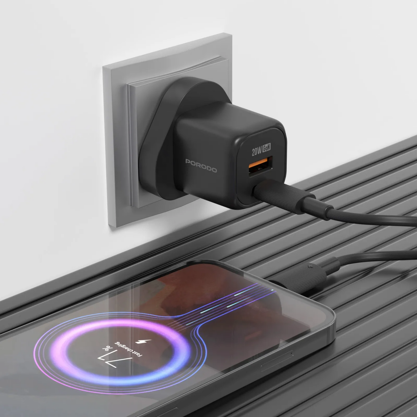 شاحن بورودو السريع 20 واط USB QC3.0 مع كيبل تايب سي الى لايتننغ بطول 1.2 متر - اسود | Porodo PD 20W USB QC3.0 UK Fast Charger with USB-C to Lightning Cable 1.2M – Black