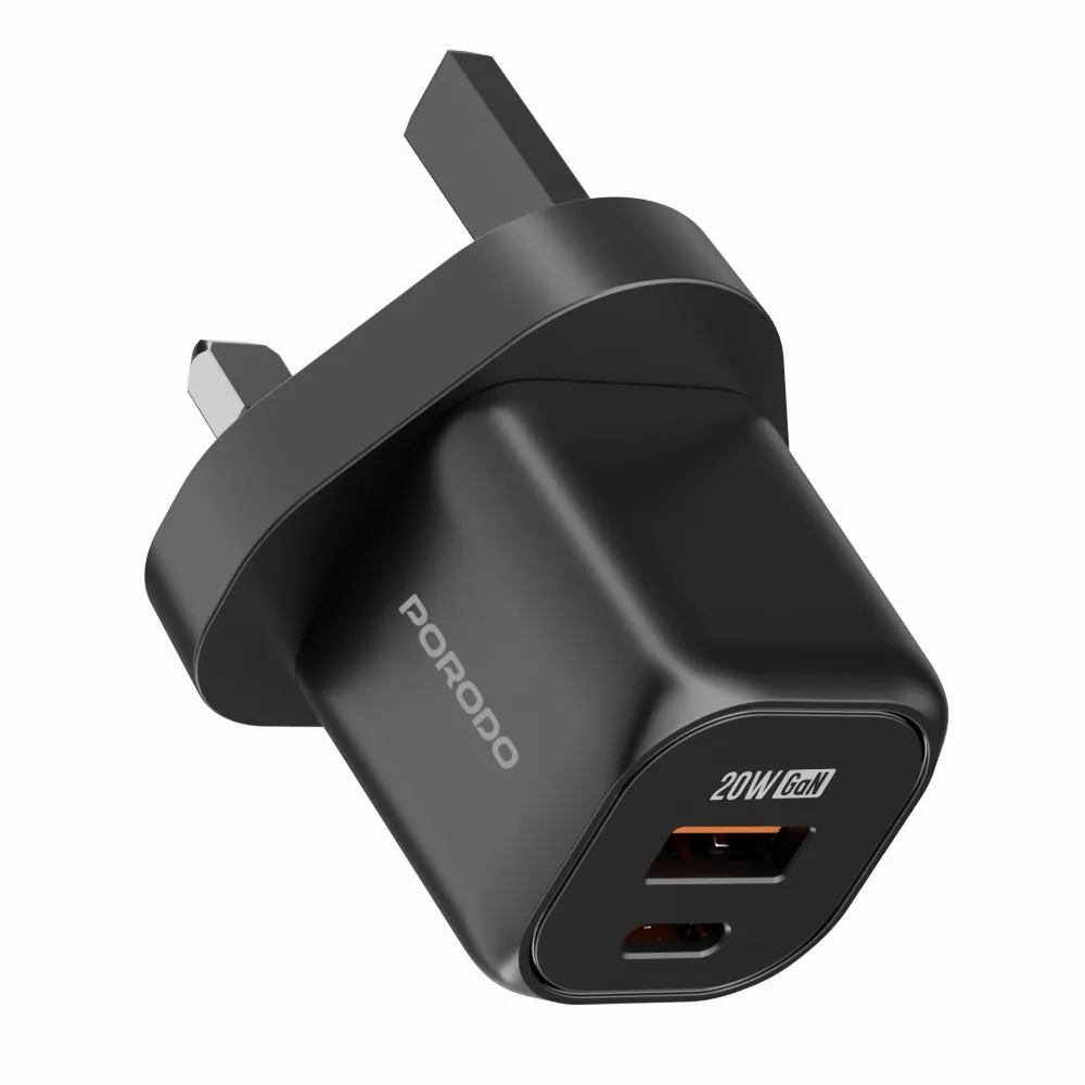 شاحن بورودو السريع 20 واط USB QC3.0 مع كيبل تايب سي الى لايتننغ بطول 1.2 متر - اسود | Porodo PD 20W USB QC3.0 UK Fast Charger with USB-C to Lightning Cable 1.2M – Black