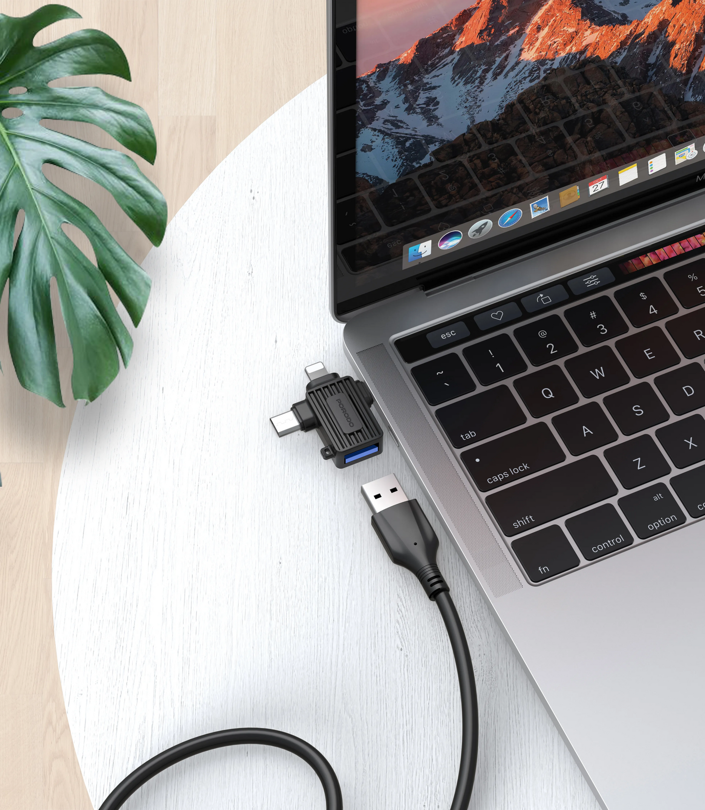 محول بورودو متعدد المنافذ, يو اس بي اي الى لايتننغ + مايكرو يو اس بي + تايب سي - اسود | Porodo USB-A to Lightning, Micro-USB & Type-C Multi-Functional Adapter – Black