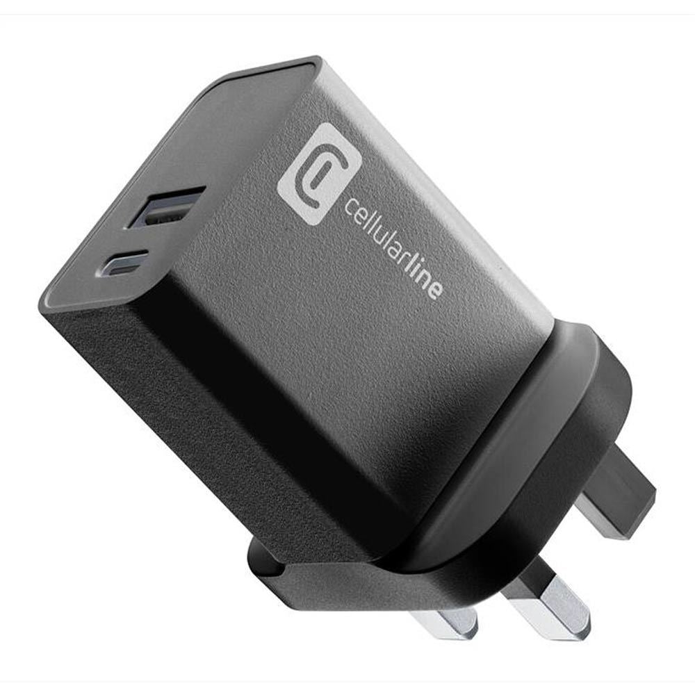 Cellularline Wall Charger USB-A/USB-C 2-Way PD - شاحن جداري بمنفذ يو اس بي أ ومنفذ يو اس بي سي من سيليلار لاين