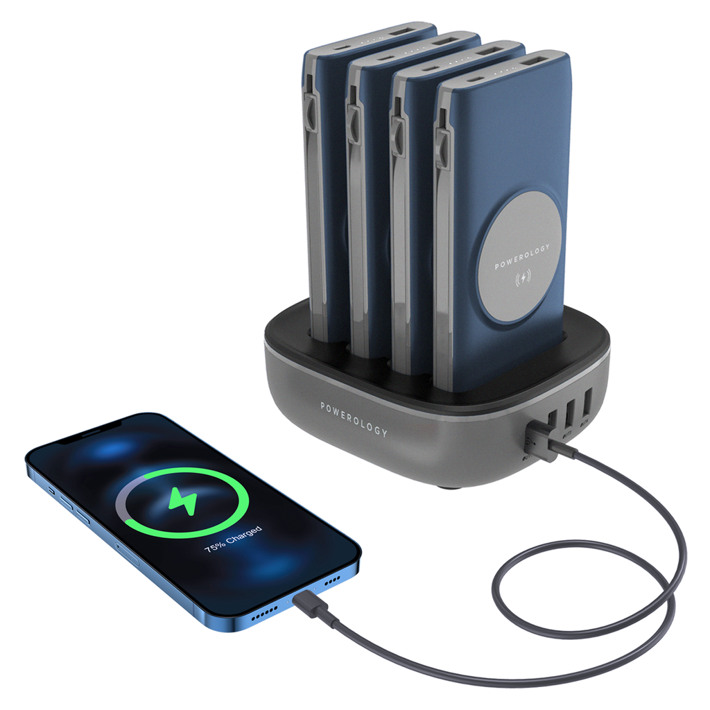باورولوجي محطة باور بانك لاسلكية 4 في 1 بسعة 10000 مللي امبير مع كيبل مدمج لايتننغ وتايب سي | Powerology 4 in 1 Wireless Power Bank Station 10000mAh with Built-in Cable with Lightning and Type-C.