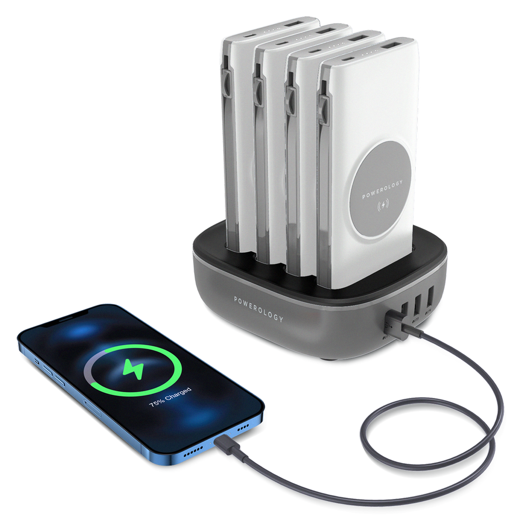 باورولوجي محطة باور بانك لاسلكية 4 في 1 بسعة 10000 مللي امبير مع كيبل مدمج لايتننغ وتايب سي | Powerology 4 in 1 Wireless Power Bank Station 10000mAh with Built-in Cable with Lightning and Type-C.