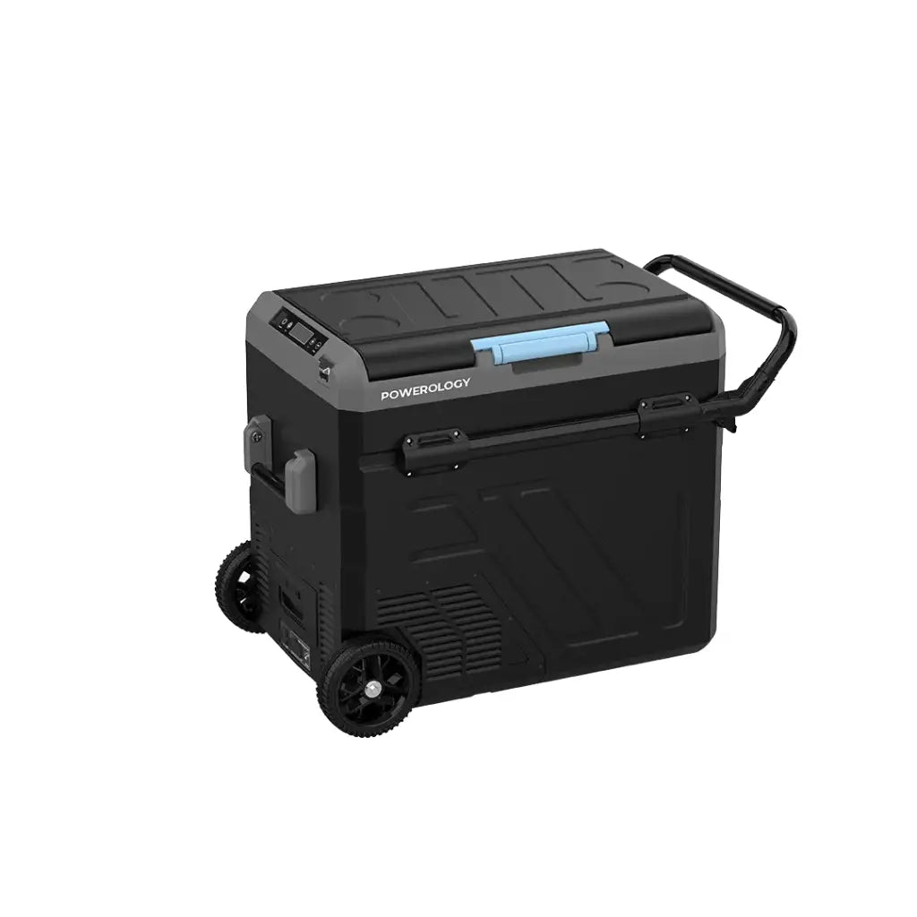 ثلاجة محمولة بقسمين وسعة 60 لتر من باورولوجي, بطارية مدمجة مع عربة سحب - رمادي | Powerology Portable Fridge 60L with Dual Compartment and Trolly - Gray