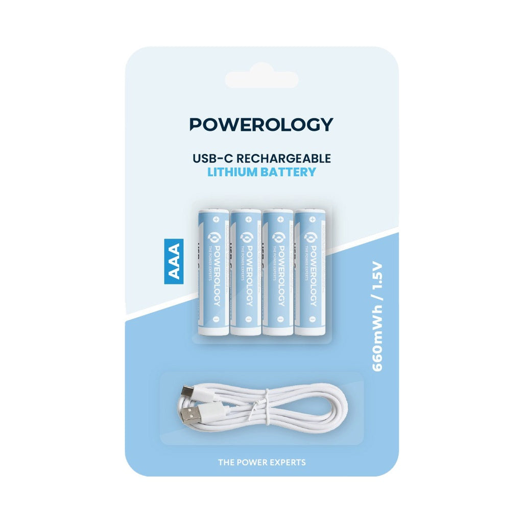 بطاريات باورولوجي AAA قابلة لاعادة الشحن عبر يو اس بي سي - 450mAh | Powerology USB Rechargeable Lithium-ion Battery AAA (4pcs/pack) 450mAh / 675mWh.
