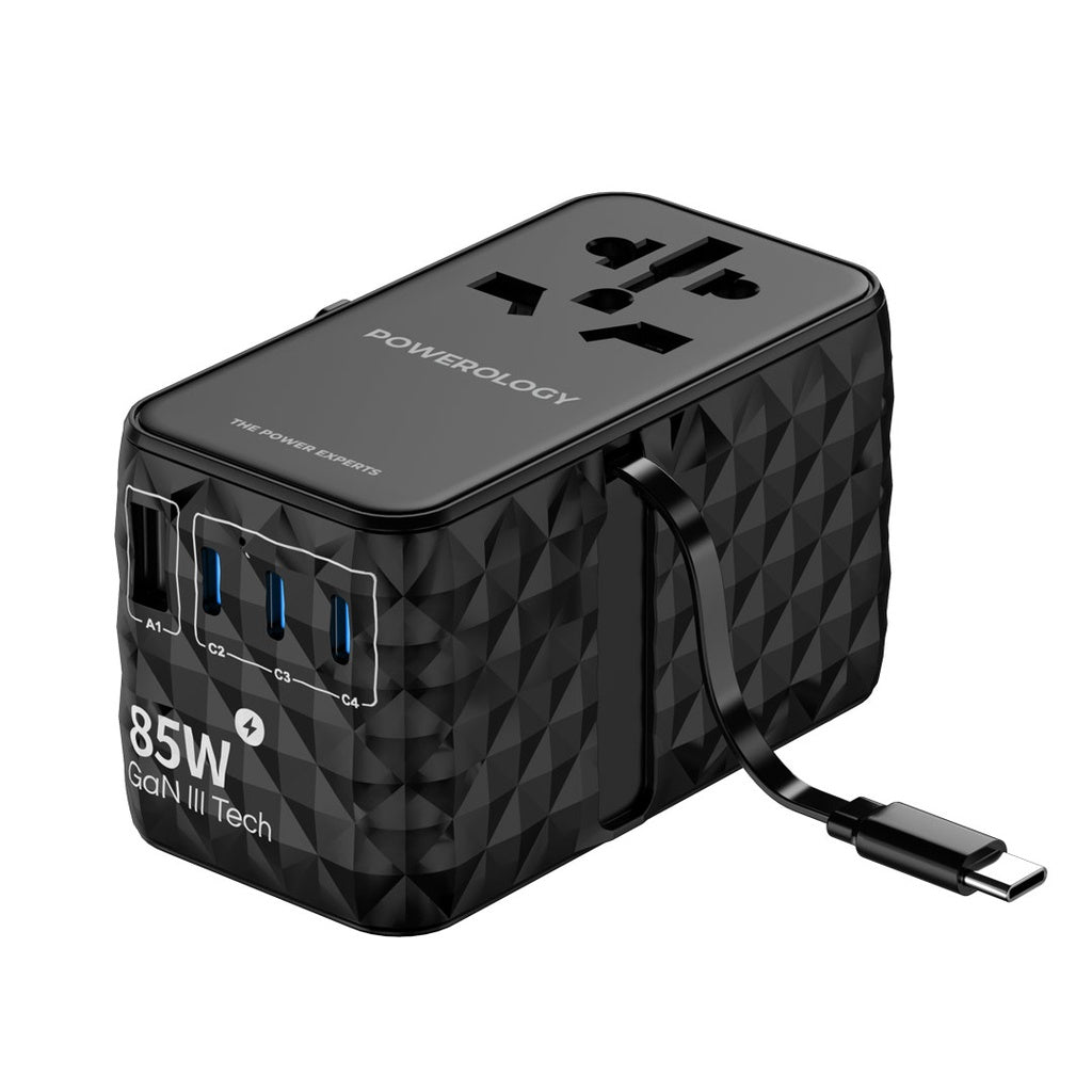 شاحن باورولوجي العالمي GaN, شحن سريع بقدرة 85 واط مع كيبل تايب سي مدمج قابل للسحب | Powerology GaN 85W Super Charger with Retractable Type-C Cable.