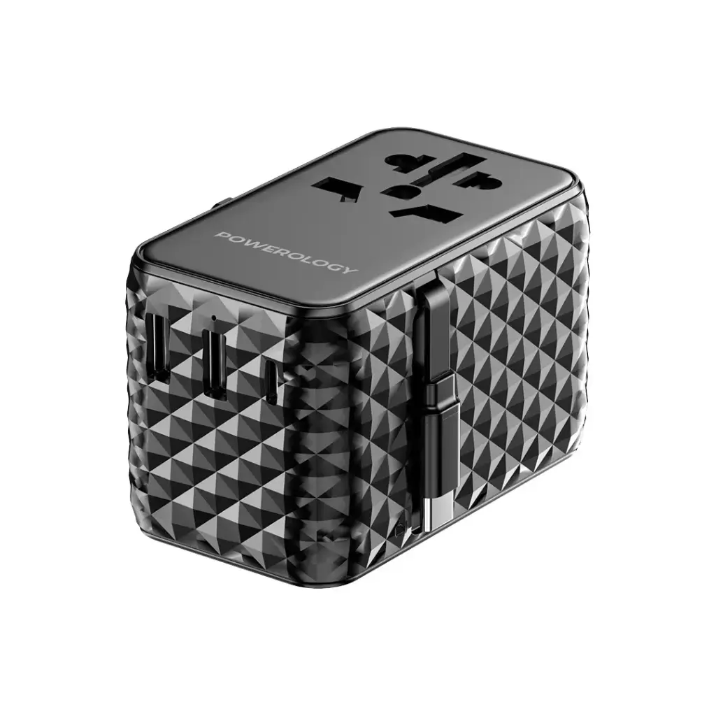 محول السفر الشامل من باورولوجي بمنفذ يو اس بي سي بقدرة 20 واط ومنفذين يو اس بي اي بقدرة 15 واط مع كيبل تايب سي مدمج | Powerology Universal Adapter PD 20W Type-C Port and 2xUSB-A 15W Port with Attached Cable.