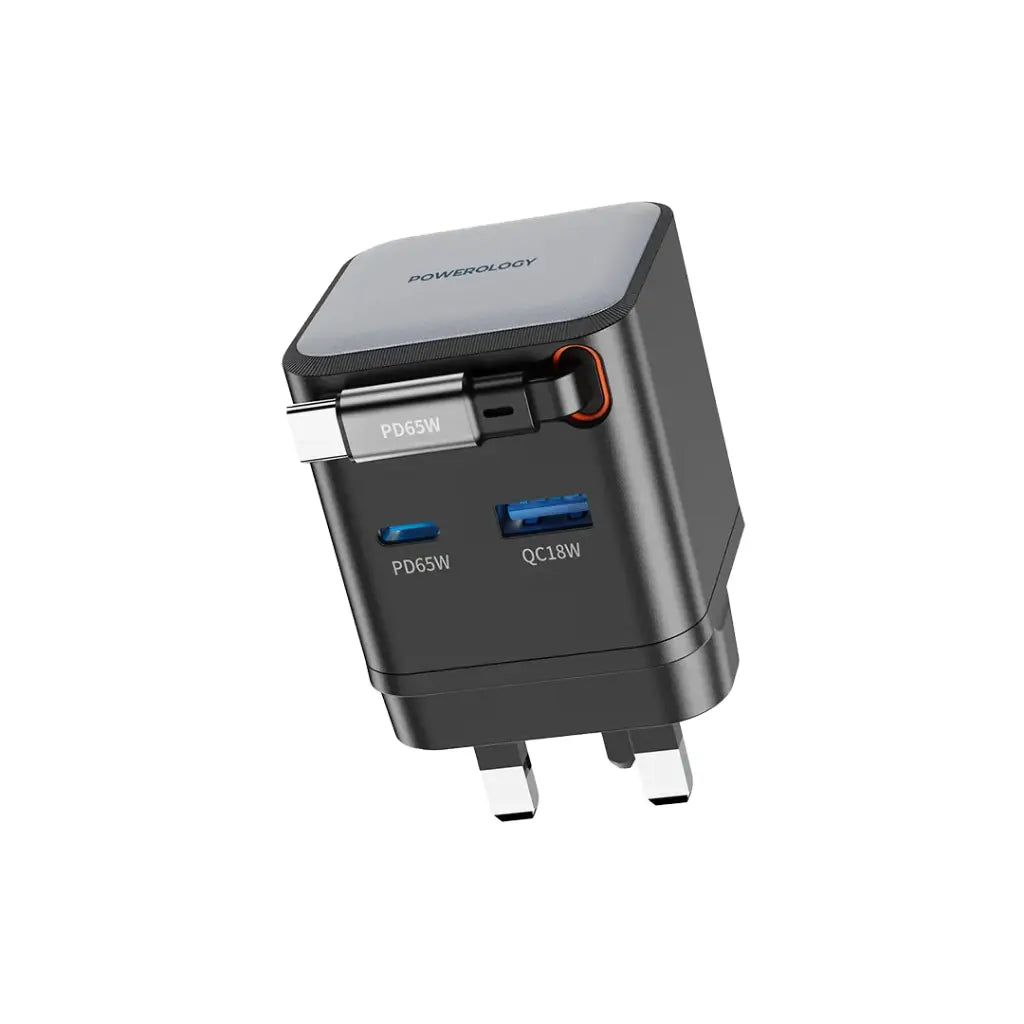 باورولوجي شاحن GaN بقوة 65 واط ثنائي المنفذ مع كيبل يو اس بي سي مدمج قابل للسحب - اسود | Powerology GaN PD65W Dual-Port Charger + Cable Charger with Retractable Cable – Black.