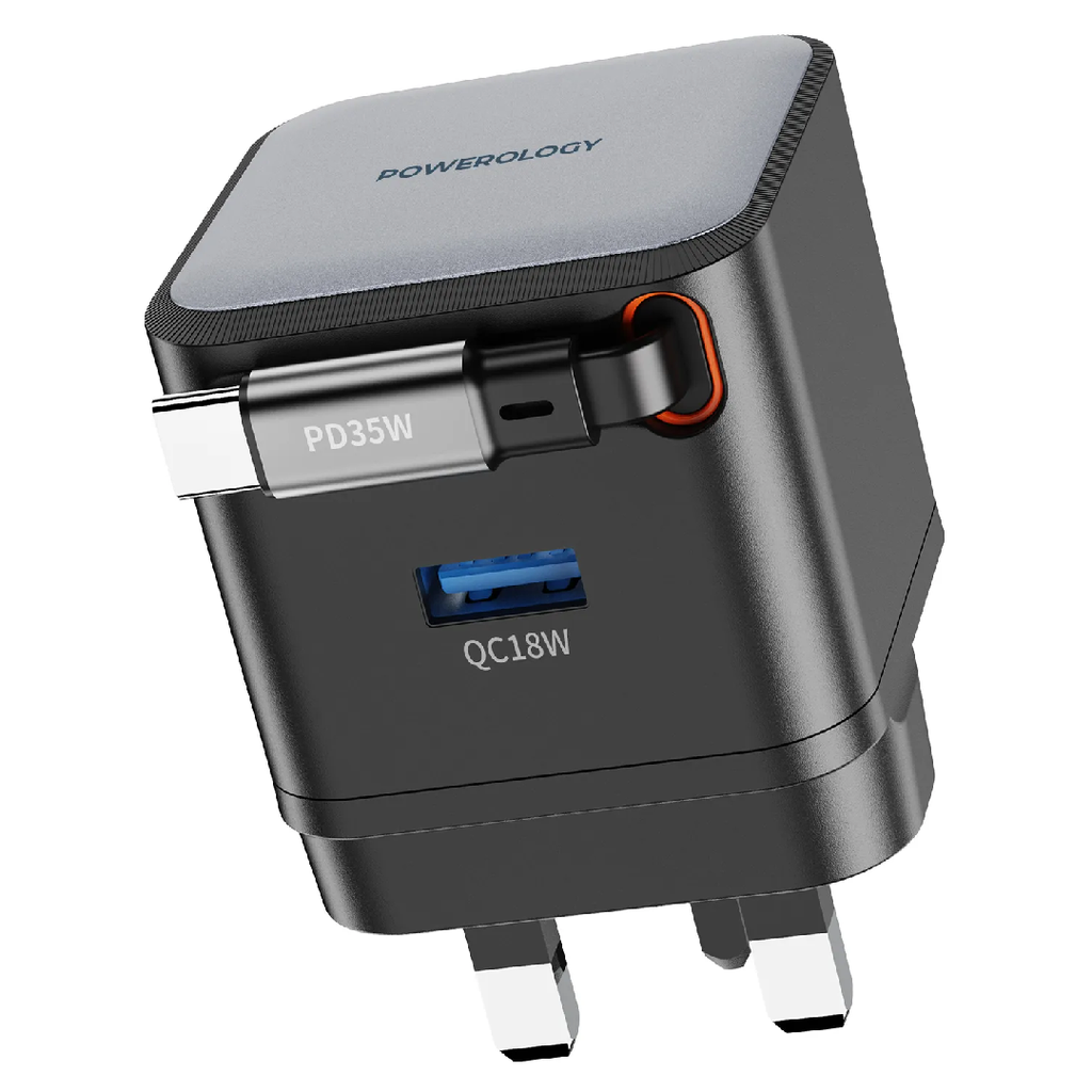 شاحن باورولوجي بقوة 35 واط مع كيبل تايب سي مدمج قابل للسحب, ومنفذ يو اس بي اي | Powerology GAN PD35W Dual-Port Charger with Retractable Cable.