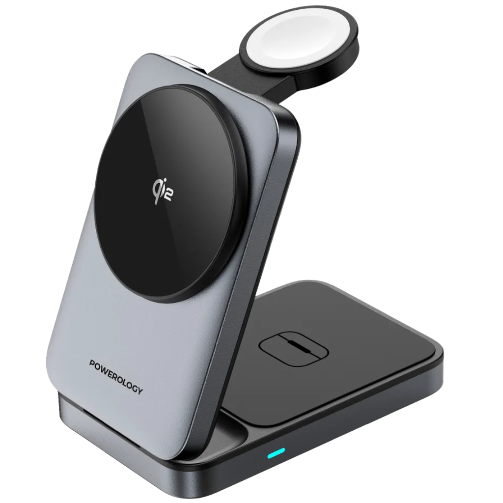 شاحن وحامل هاتف باورولوجي المغناطيسي القابل للطي مع شحن لاسلكي 3 في 1 - اسود | Powerology 3-in-1 Foldable Magnetic Wireless Charging Bracket - Black.