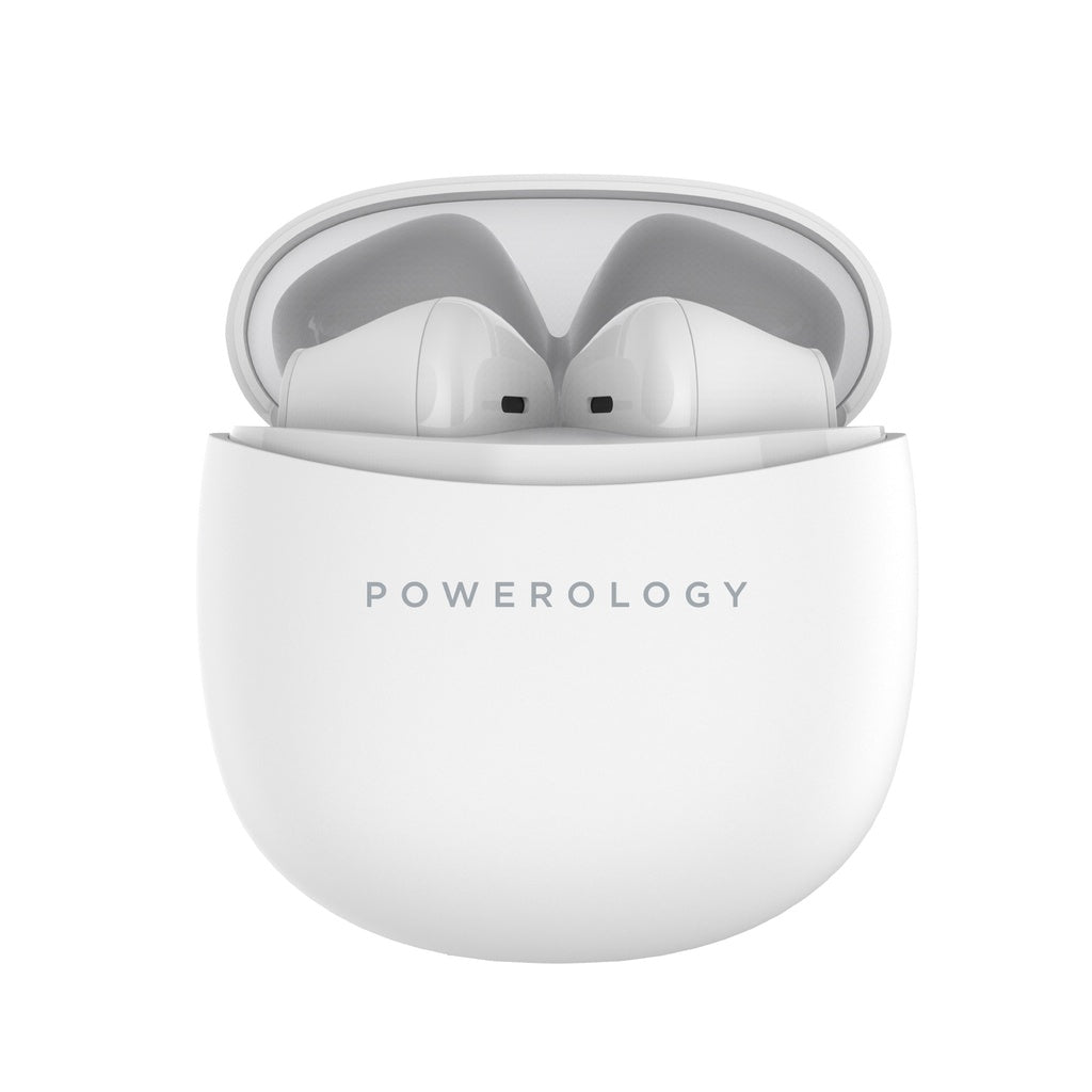 سماعات باورولوجي ستيريو بلس اللاسلكية , 4 ساعات تشغيل - ابيض | Powerology Bluetooth Stereo Buds Plus, 4H Playtime - White.