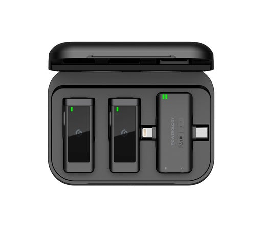 مايكروفون لافالير اللاسلكي من باورولوجي, مزدوج بموصل MFI وبطارية بسعة 2000 مللي امبير - اسود | Powerology MFI Dual Connector Wireless Lavalier Microphone x2 Mic 2000mAh - Black