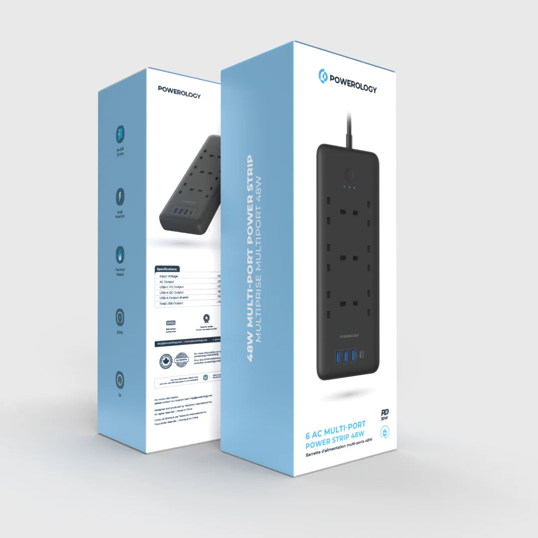 وصلة كهربائية باورولوجي 6 منافذ AC مع منفذ يو اس بي سي و 3 منافذ يو اس بي اي, شحن سريع بقدرة 48 واط - اسود | Powerology 48W 6AC 1x PD USB-C and 3x QC USB-A Power Strip UK PD 30W - Black.