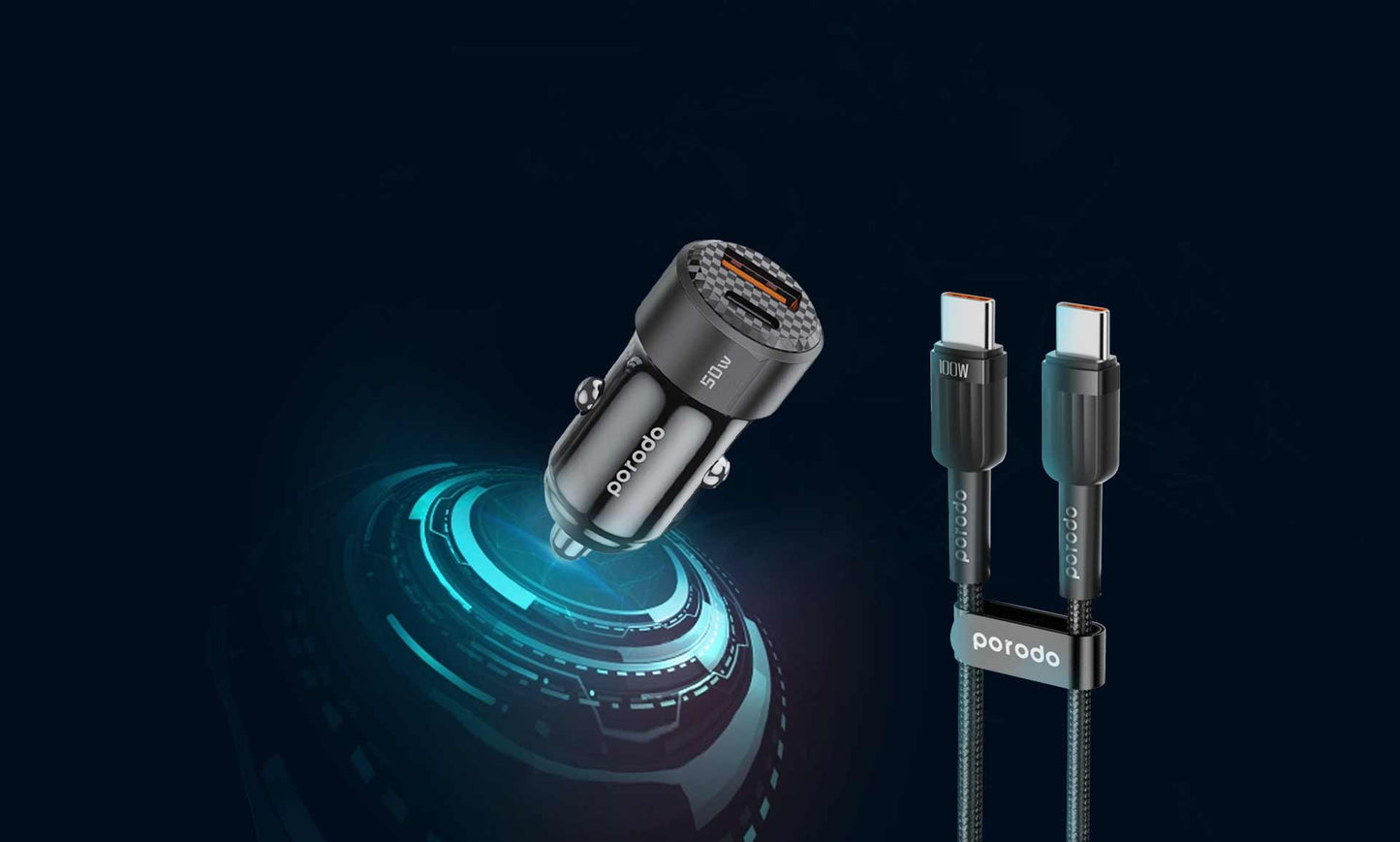 شاحن سيارة ثنائي المنفذ بقدرة 50 واط مع كيبل يو اس بي سي الى يو اس بي سي - اسود | Porodo 50W Dual Port Car Charger PD 20W QC 30W with C to C Cable – Black