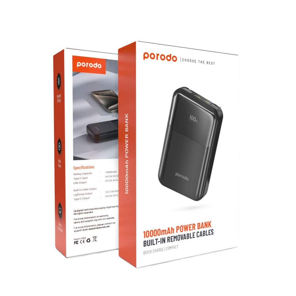 باور بانك بورودو بسعة 10000 مللي امبير مع كيبل لايتننغ وتايب سي مدمجين بقدرة 18 واط - اسود | Porodo 10000 mAh 18W Powerbank with Type C and Lightning Cable - Black