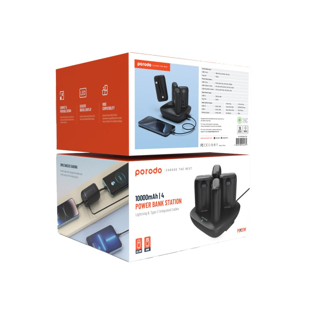 محطة شحن 4 في 1 من بورودو, باور بانك بسعة 10000 مللي امبير مع كيبل تايب سي وكيبل لايتننغ مدمجين | Porodo 10000mAh, 4 Power Bank Station Lightning & Type-C Integrated Cable.