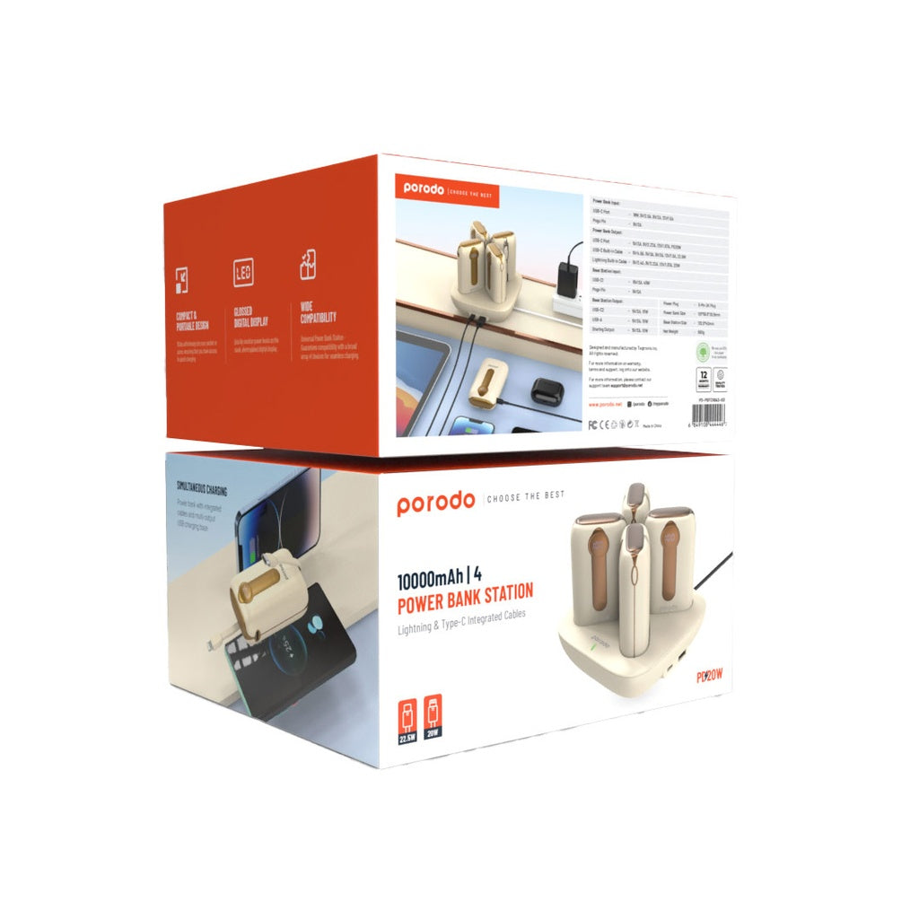 محطة شحن 4 في 1 من بورودو, باور بانك بسعة 10000 مللي امبير مع كيبل تايب سي وكيبل لايتننغ مدمجين | Porodo 10000mAh, 4 Power Bank Station Lightning & Type-C Integrated Cable.