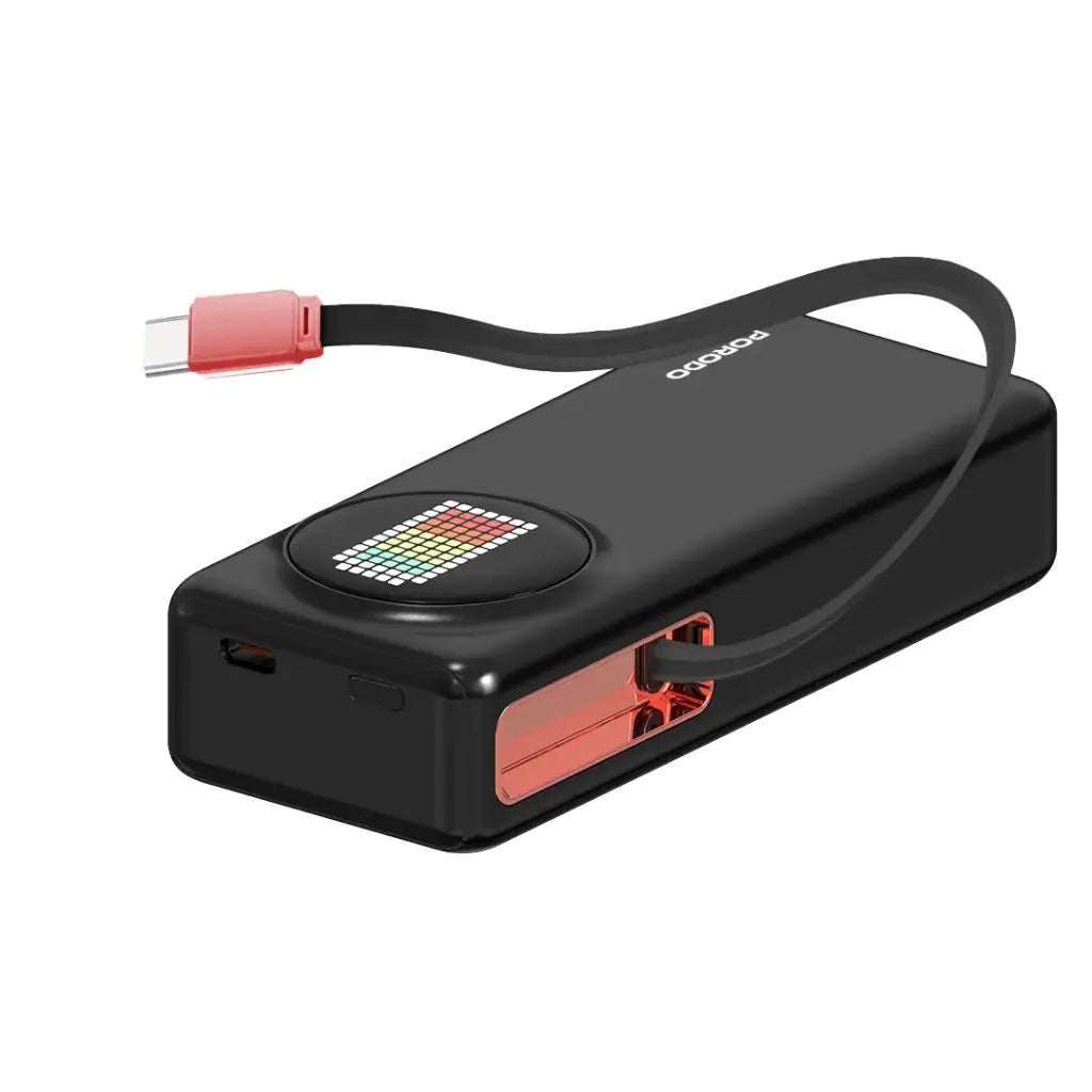 باور بانك بورودو بسعة 10000 مللي امبير, بشاشة عرض متحركة وكيبل تايب سي مدمج قابل للسحب بطول 68 سم | Porodo 10000mAh Animated Display Power Bank 68Cm Retractable Type-C.
