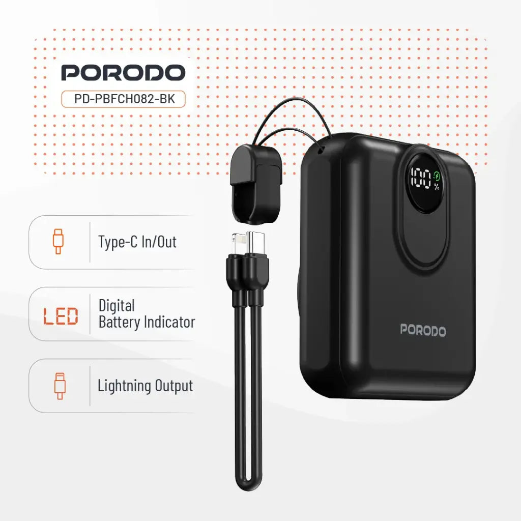 باور بانك بورودو بسعة 10000 مللي امبير مع شحن لاسلكي ماج سيف بقدرة 15 واط - اسود | Porodo 15W MagSafe Power Bank 10000mAh – Black.