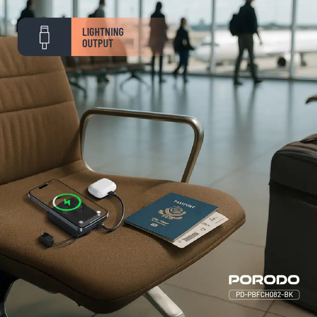 باور بانك بورودو بسعة 10000 مللي امبير مع شحن لاسلكي ماج سيف بقدرة 15 واط - اسود | Porodo 15W MagSafe Power Bank 10000mAh – Black.