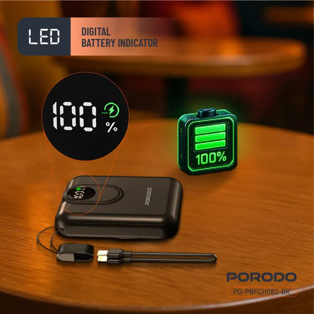 باور بانك بورودو بسعة 10000 مللي امبير مع شحن لاسلكي ماج سيف بقدرة 15 واط - اسود | Porodo 15W MagSafe Power Bank 10000mAh – Black.