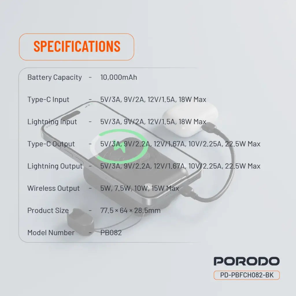 باور بانك بورودو بسعة 10000 مللي امبير مع شحن لاسلكي ماج سيف بقدرة 15 واط - اسود | Porodo 15W MagSafe Power Bank 10000mAh – Black.