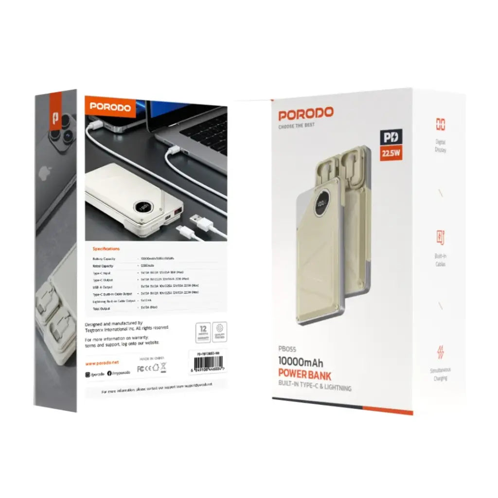 Bankeya Hêzê ya Porodo 10000mAh bi kabloyên Type-C û Lightning ên çêkirî û dîmendera dîjîtal | Bankeya Hêzê ya Porodo 10000mAh 2xType-C, USB-A, Xeta Type-C bi Dîmendera Dîjîtal.