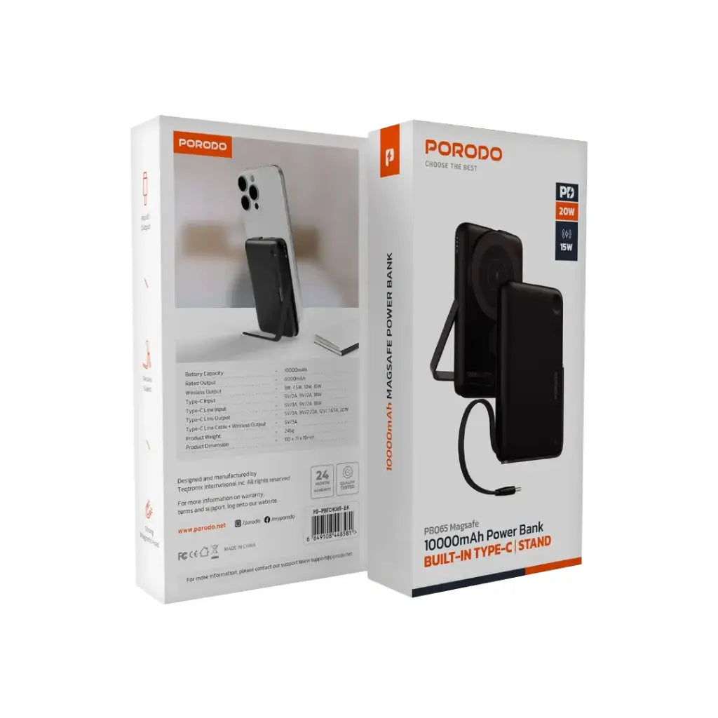 باور بانك بورودو بسعة 10000 مللي امبير مع كيبل تايب سي مدمج وحامل مغناطيسي - اسود | Porodo 10000mAh Power Bank Built-In Type-C & Stand – Black.