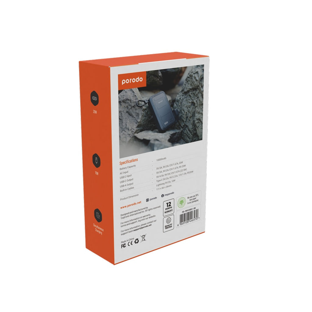 باور بانك بورودو بسعة 10000 مللي امبير مع شاحن جداري وكيبلات مدمجة تايب سي ولايتننغ - اسود | Porodo 10000mAh PPS Power Bank with Type-C 20W & Lightning 10W Built-in Cables – Black