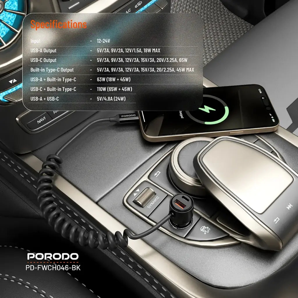 شاحن سيارة بورودو الشفاف مع كيبل تايب سي مدمج, شحن سريع بقدرة 110 واط | Porodo 110W Transparent Car Charger with Coiled Cable.