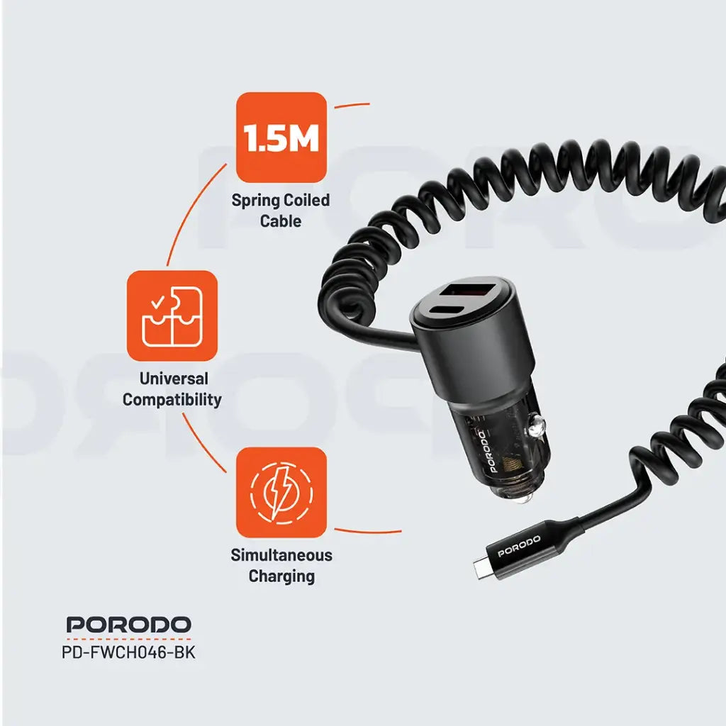 شاحن سيارة بورودو الشفاف مع كيبل تايب سي مدمج, شحن سريع بقدرة 110 واط | Porodo 110W Transparent Car Charger with Coiled Cable.