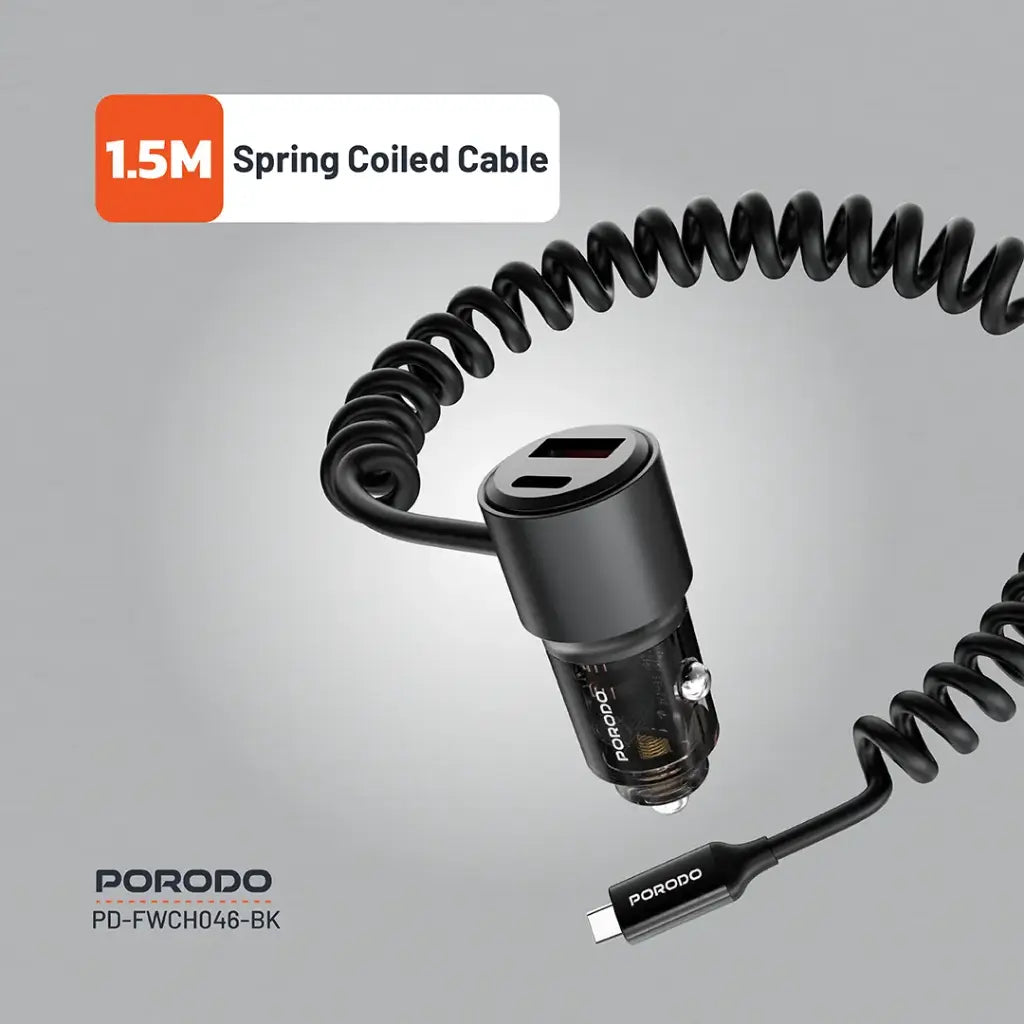 شاحن سيارة بورودو الشفاف مع كيبل تايب سي مدمج, شحن سريع بقدرة 110 واط | Porodo 110W Transparent Car Charger with Coiled Cable.