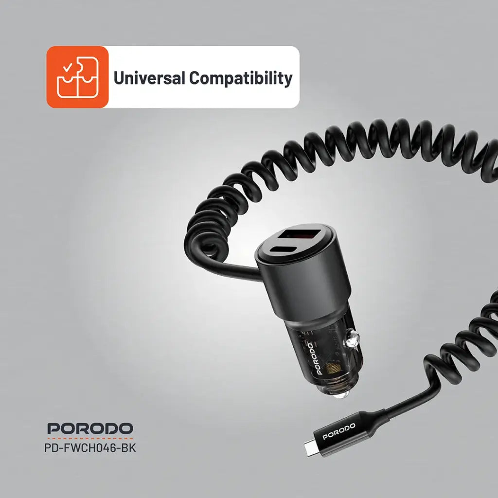 شاحن سيارة بورودو الشفاف مع كيبل تايب سي مدمج, شحن سريع بقدرة 110 واط | Porodo 110W Transparent Car Charger with Coiled Cable.