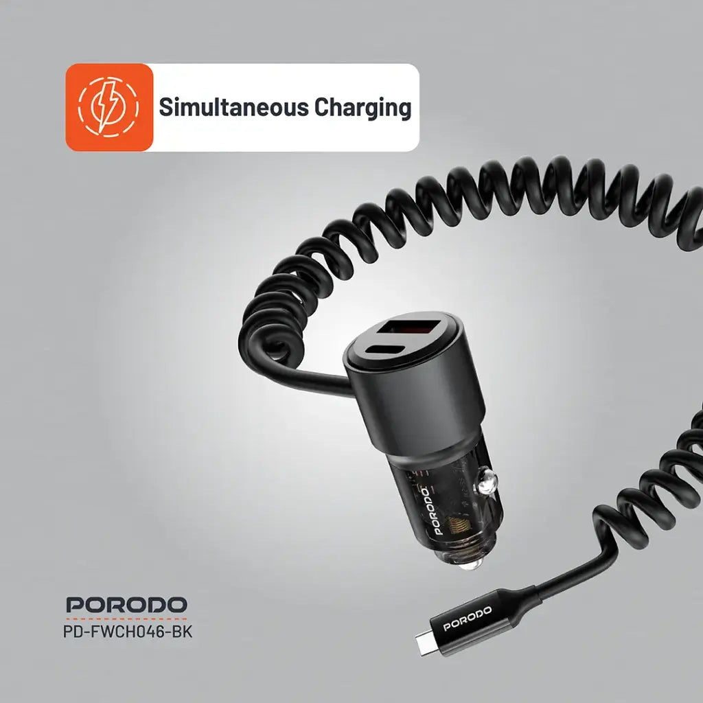 شاحن سيارة بورودو الشفاف مع كيبل تايب سي مدمج, شحن سريع بقدرة 110 واط | Porodo 110W Transparent Car Charger with Coiled Cable.