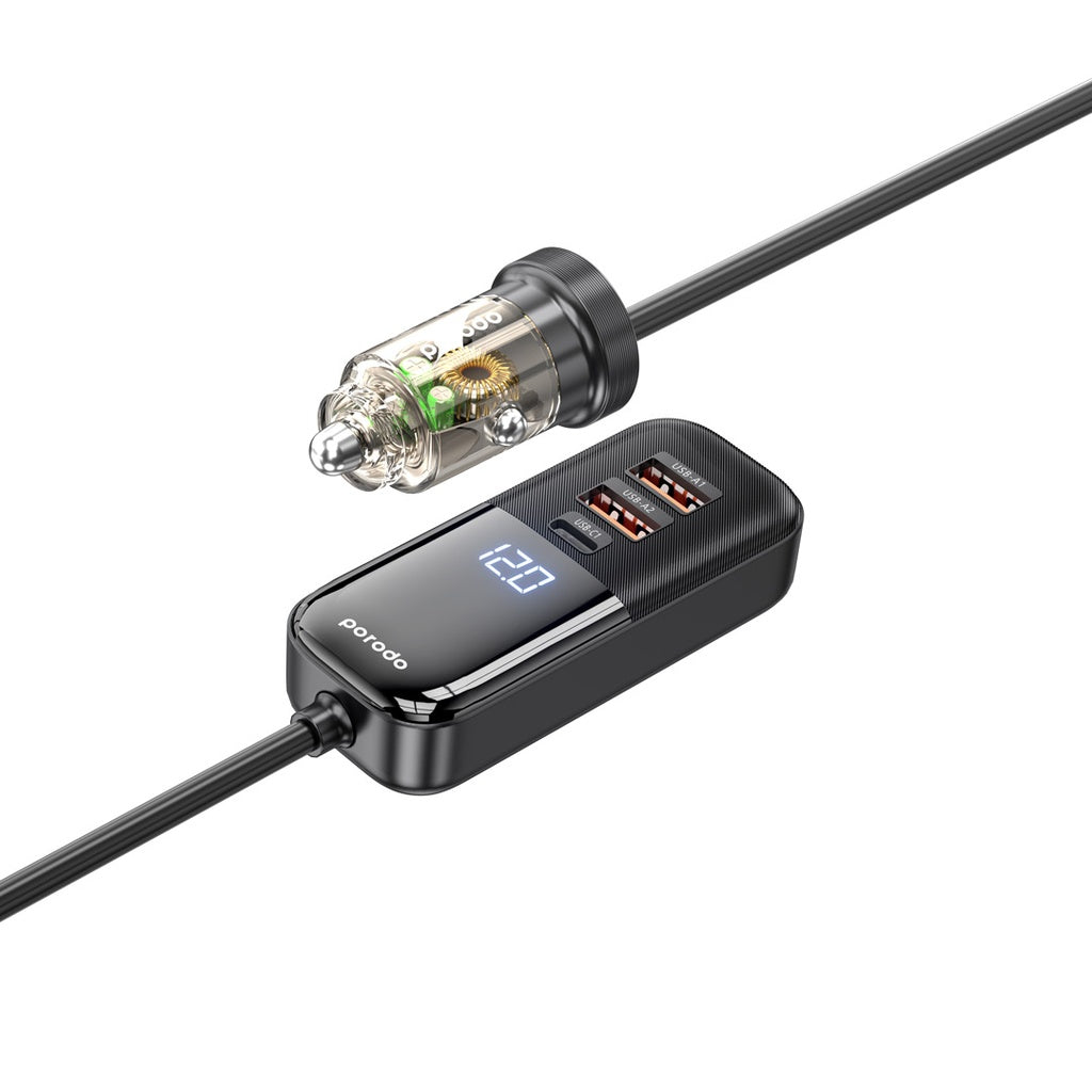 شاحن سيارة شفاف متعدد المنافذ بقدرة شحن 120 واط مع تمديد خلفي من بورودو - اسود | Porodo 120W Transparent Multi Port Car Charger with Rear Expansion - Black