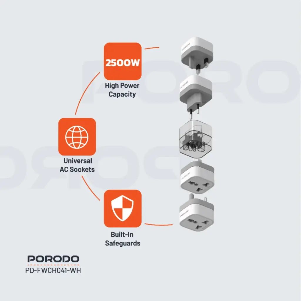 بورودو محول سفر 4 في 1 بفيشة بريطانية - ابيض | Porodo 4-in-1 Adaptor UK Plug - White
