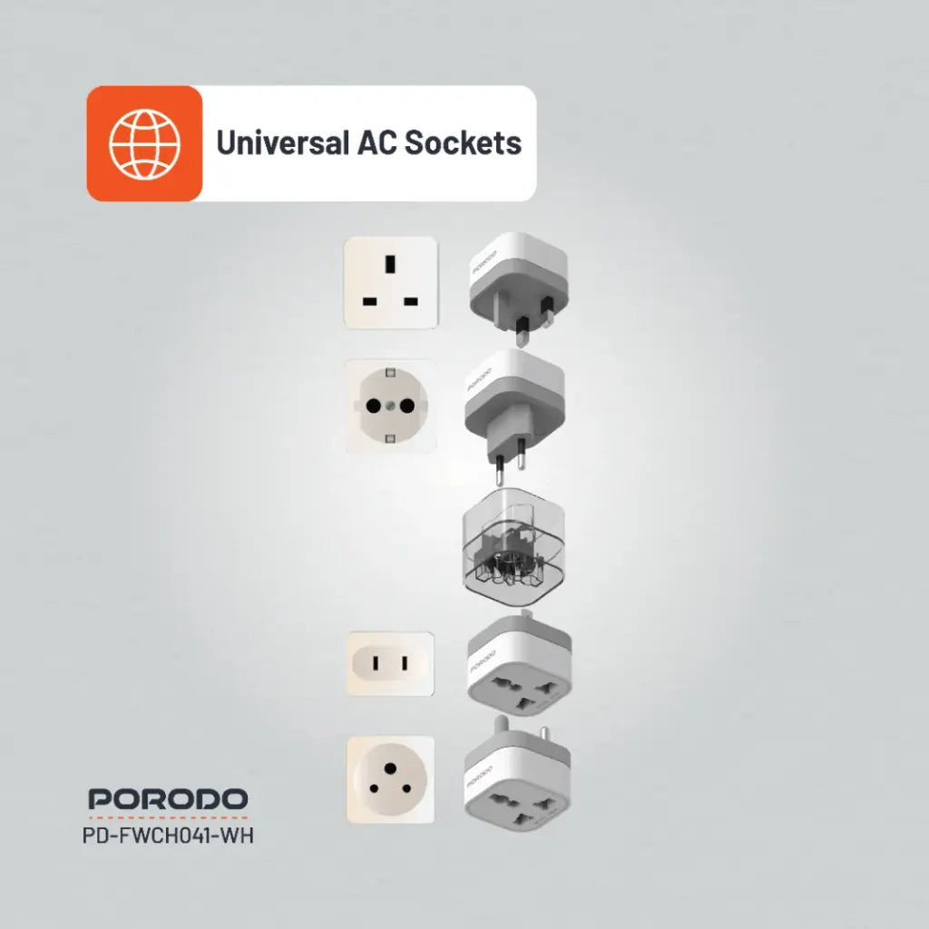 بورودو محول سفر 4 في 1 بفيشة بريطانية - ابيض | Porodo 4-in-1 Adaptor UK Plug - White