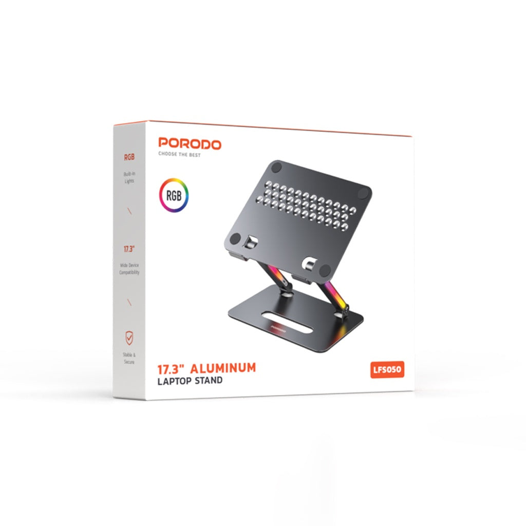 حامل لابتوب المنيوم قابل للتعديل والطي مع اضائة RGB من بورودو - رمادي | Porodo Aluminum Alloy Adjustable and Foldable Laptop Bracket with LED - Grey